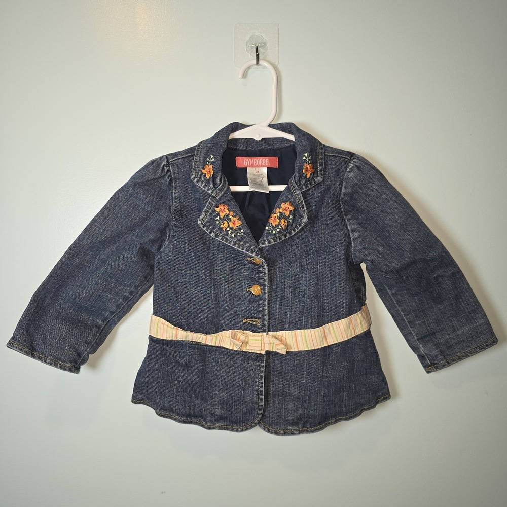 Gymboree Girls 2T Denim Jacket Blue Floral Embroidered Blazer Striped Belt 2004